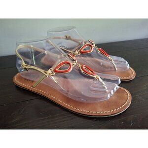 EUC Yellow Box Leather Sandals with Gold Straps and Red Teardrop Embellishments/